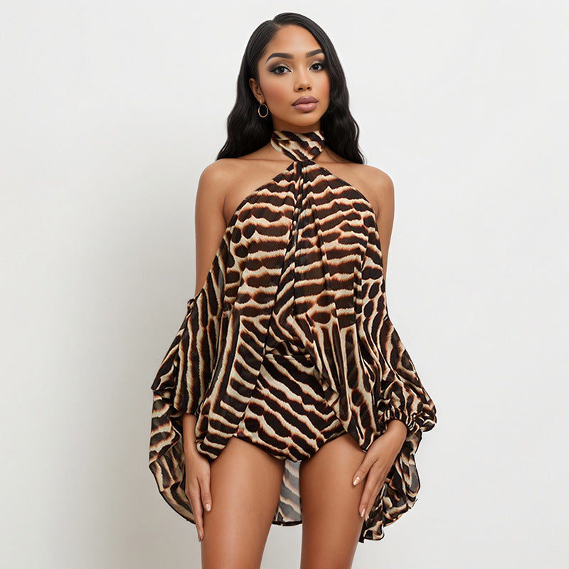 Women Clothing Summer Sexy Printed off Shoulder Long Sleeve