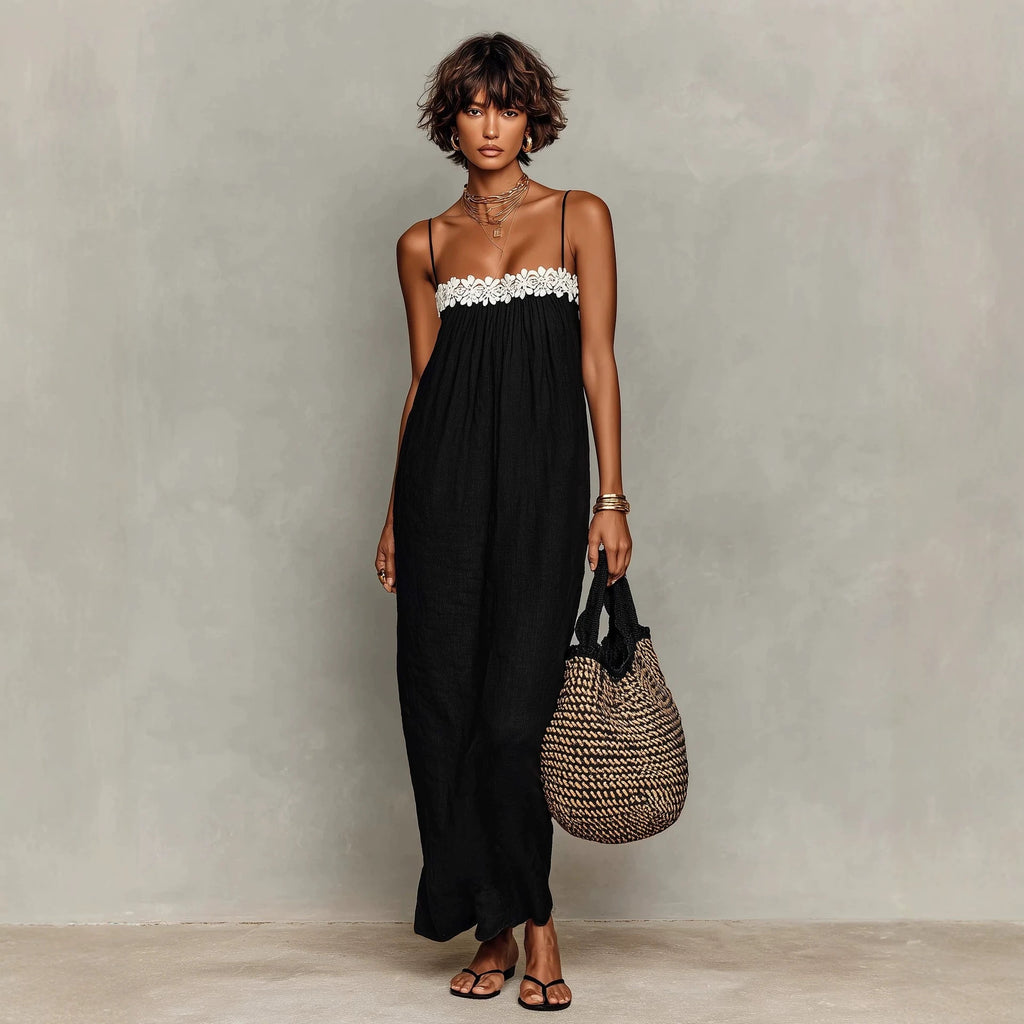 Black lace-trim maxi sling dress with spaghetti straps and white lace yoke