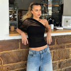 Spring Summer Women Clothing Diagonal Collar Pleated Sexy Cold Shoulder Elegant Slim Fit Slimming Solid Color Top