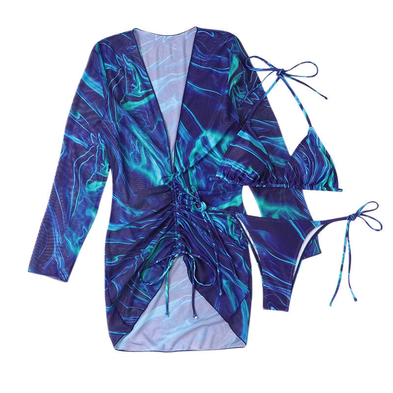 Printed blue halter long-sleeve two-piece swimsuit set with matching tie bikini bottoms