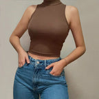 Women's Summer New Skinny Short Sleeveless Cotton T-Shirt Women Yoga Sports Inner Half-High Collar Vest