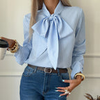 Blue White Small Plaid Top Shirt Women Bow Ribbon Stand