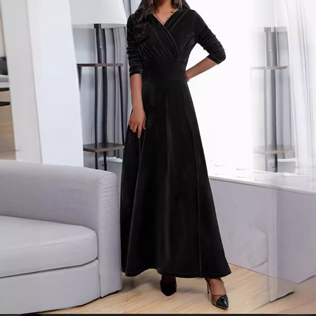 Women's Velvet Ruched V-Neck Maxi Dress