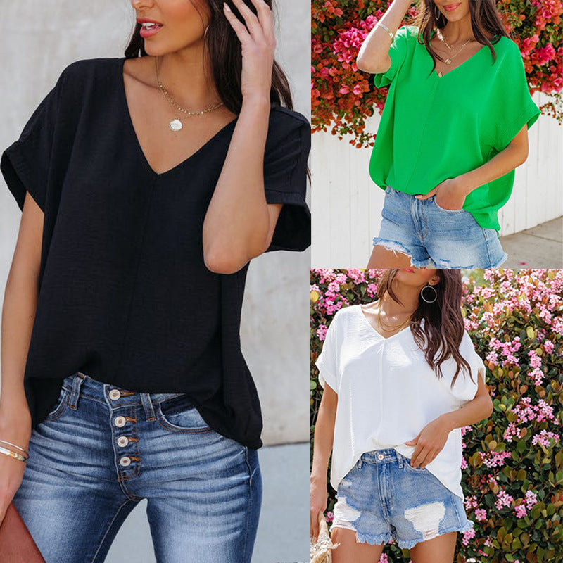 Women's Summer Casual Loose Simple Solid Color Short Sleeve Chicken Hearts V Neck T Shirt Short Top For Women