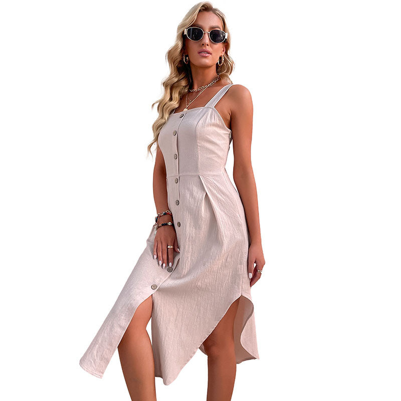Sundress Summer Solid Color Suspender Slim Irregular Asymmetric Cotton Linen Dress