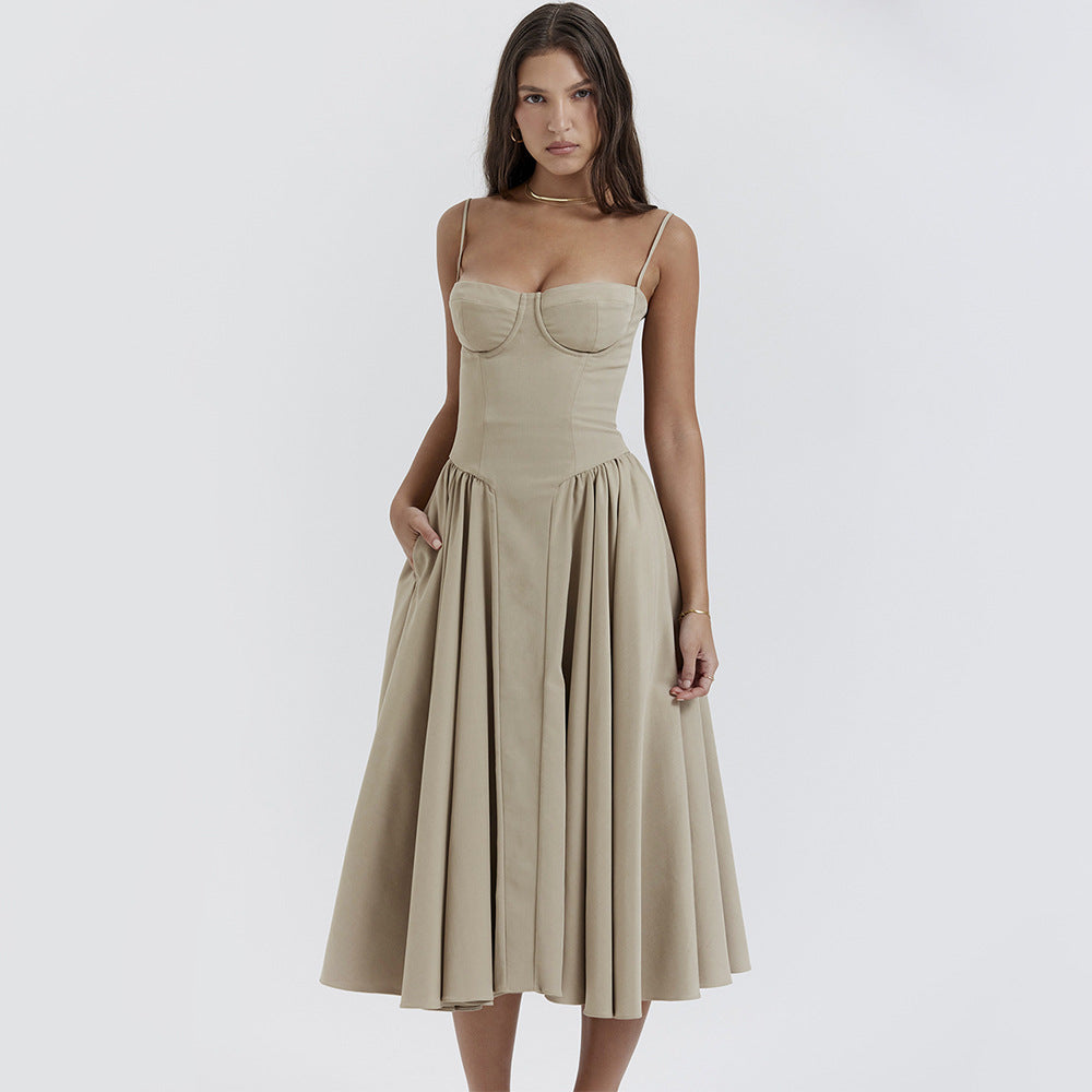 Dress Women's V-Neck Strap Midi Dress Waist Tight Slim Backless Dress for Women