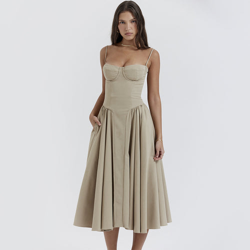 Dress Women's V-Neck Strap Midi Dress Waist Tight Slim Backless Dress for Women