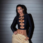 Street Metal Ring Hollow Out Cutout round Neck Long Sleeve