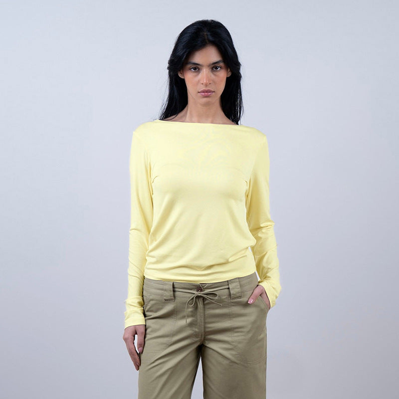 Women's Women Clothing Simple Casual Slim Fit Figure Flattering Solid Color Backless Round Neck Long Sleeve Top