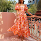 Women's Floral Square-Neck Puff-Sleeve A-Line Maxi Dress