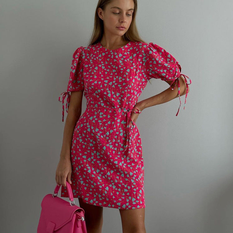 Floral Round Neck Short Sleeves Lace Up