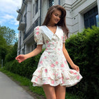 French V-Neck Puff-Sleeve Ruffled Dress