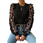 Women's Women Mesh Small Floral Chiffon Shirt Women Spring Summer Round Neck Slimming Pullover Long Sleeve Top