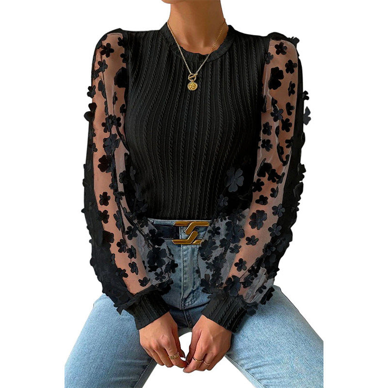 Women's Women Mesh Small Floral Chiffon Shirt Women Spring Summer Round Neck Slimming Pullover Long Sleeve Top