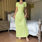 Floral Crew-Neck Lace-Up Short-Sleeve A-Line Maxi Dress