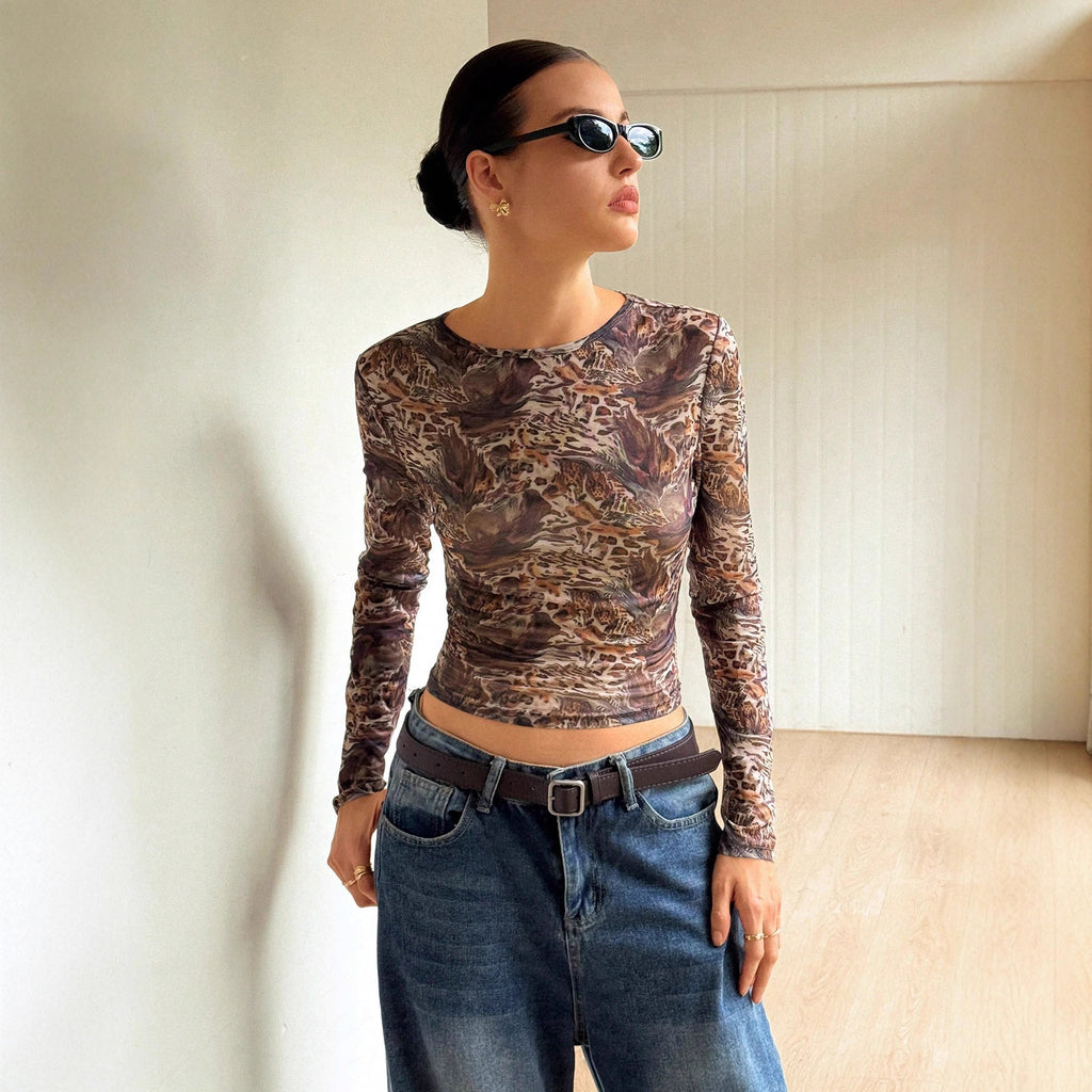 Leopard Mesh See-Through Long-Sleeve Top