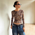 Leopard Mesh See-Through Long-Sleeve Top