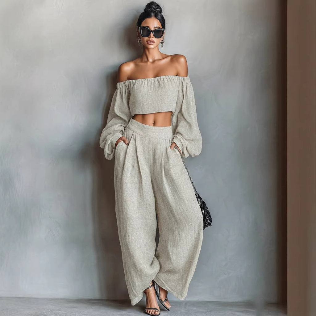 Women Spring Clothing off Shoulder Short Top Wide Leg Pants Set