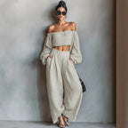 Women Spring Clothing off Shoulder Short Top Wide Leg Pants Set