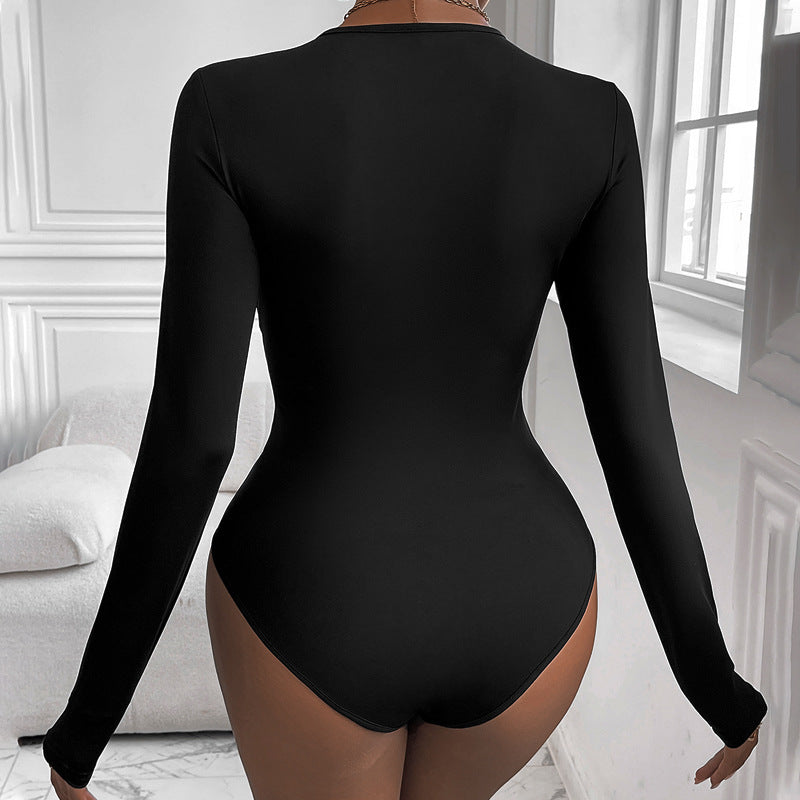 Women's Black Ruched Long Sleeve Slim Jumpsuit