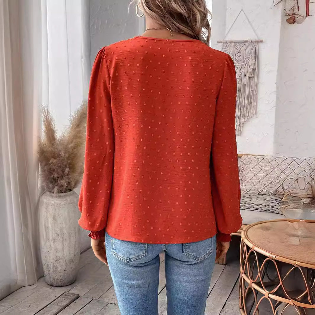 Women's Autumn Winter V Neck Lace Solid Color Long Sleeve Casual T Women Top