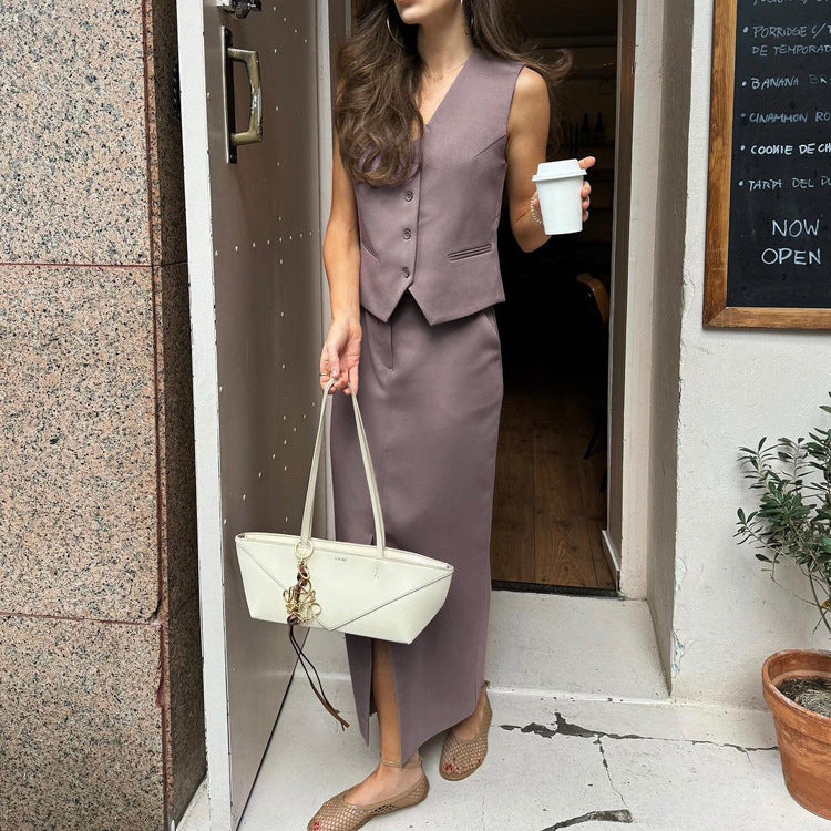 Vest Jacket Hip Skirt Set V neck
