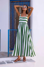 Women's maxi striped dress, green-and-white sleeveless with cinched waist and full skirt