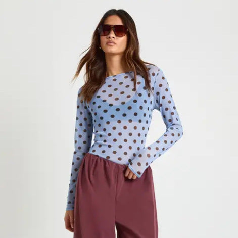 Simple Dot Mesh See through Niche Slim Fit Long Sleeve