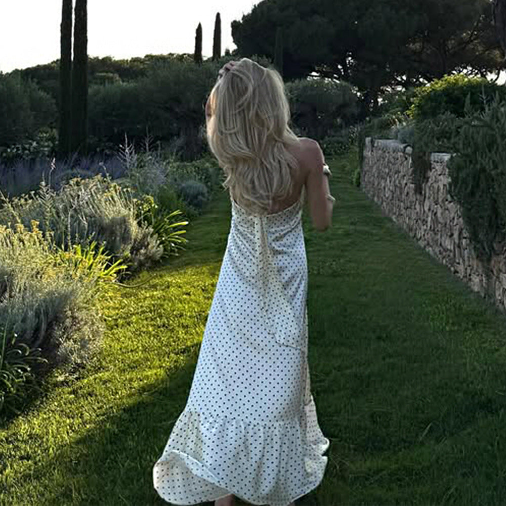 Women's Halter Polka-Dot Satin Maxi Dress