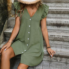 V-Neck Sleeveless Button-Detail Dress