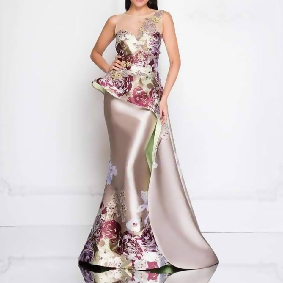 Floral Embroidered Asymmetric Bodycon Maxi Dress