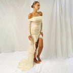 Apricot pleated long-sleeve off-shoulder dress with layered ruffle skirt