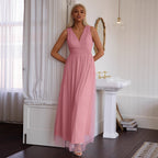 V-Neck Mesh Smocked Sleeveless A-Line Maxi Dress