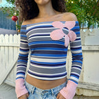 Women's Autumn Off Shoulder Striped Printing Color Contrast Top