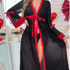 Sexy Thin Transparent Mesh Red Lace Black Robe Sexy Lingerie Set