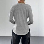 Women's Casual Long Sleeve T Shirt Women V Neck Curved Hem Loose Slimming Basic Bottoming Top