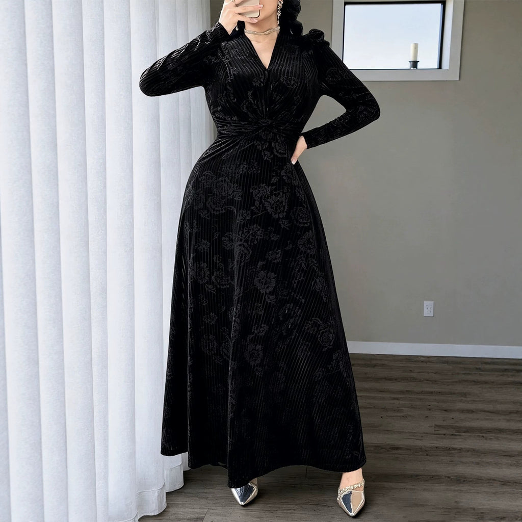 Plus Size Mild Luxury Retro Vertical Rose Print Velvet V neck Knot Waist Controlled Long Sleeves Large Swing Cocktail Dress