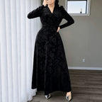 Plus Size Mild Luxury Retro Vertical Rose Print Velvet V neck Knot Waist Controlled Long Sleeves Large Swing Cocktail Dress