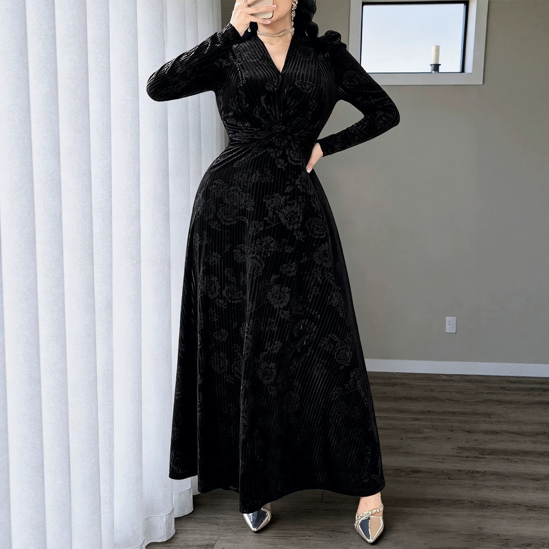 Plus Size Mild Luxury Retro Vertical Rose Print Velvet V neck Knot Waist Controlled Long Sleeves Large Swing Cocktail Dress