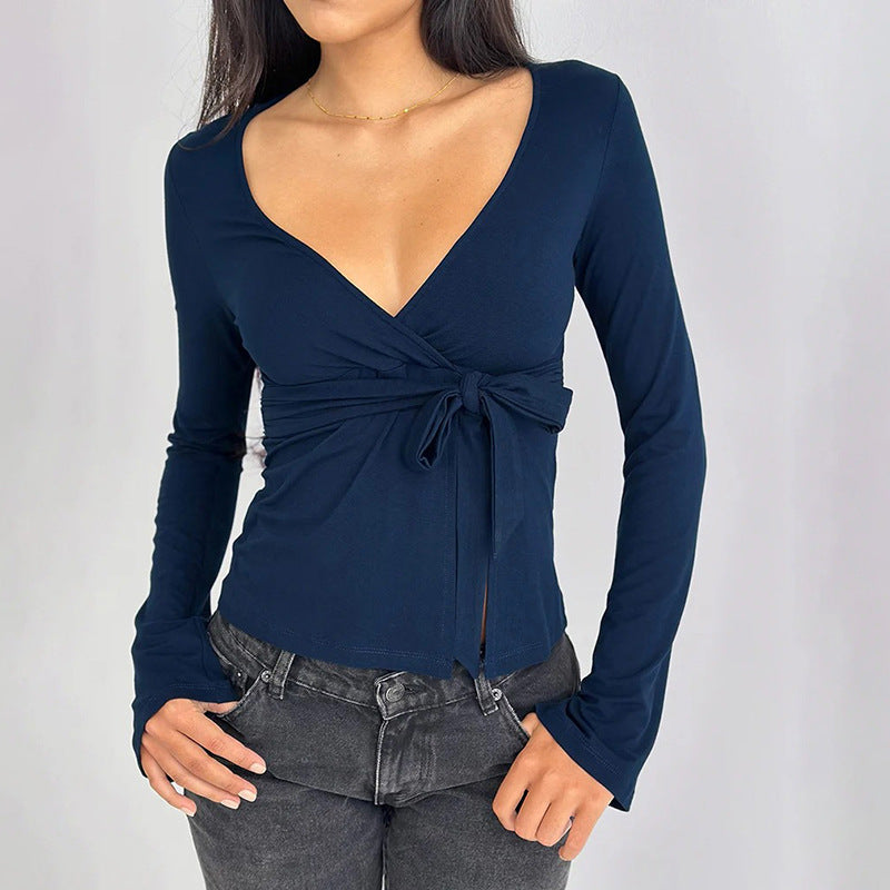 Women's V-Neck Lace-Up Long-Sleeve Top
