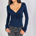 Women's V-Neck Lace-Up Long-Sleeve Top