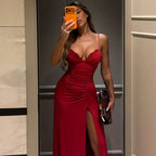 Red pleated summer dress with ruched bodice, lace trim, and high side slit