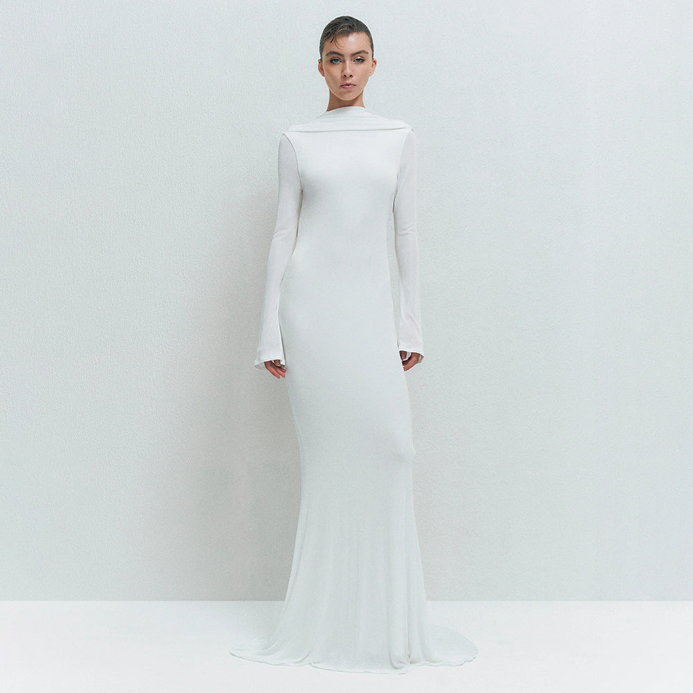 Winter Simple Intellectual Solid Color Swing Collar Backless Design Pleated Tight