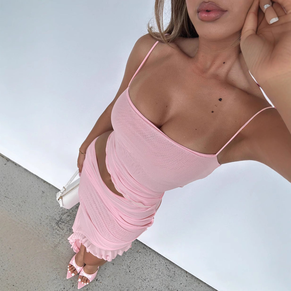 Asymmetric Mesh Ruffle Halter Dress