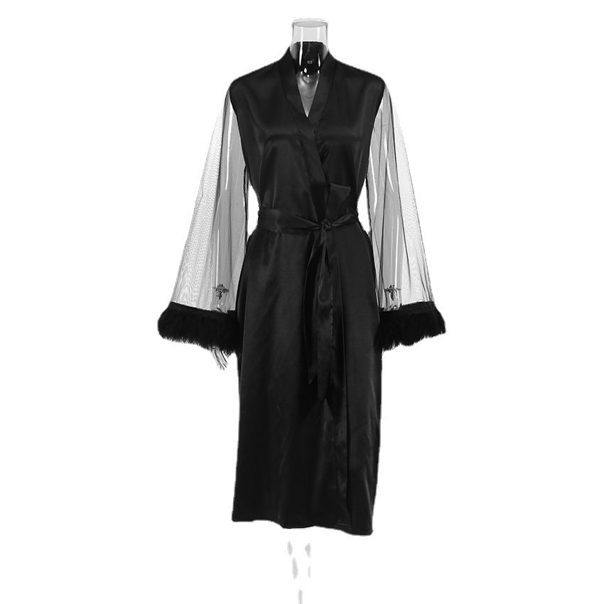 Spring Summer Feather Sexy Ice Silk Robe Women Cardigan Lace up Mesh Moisture Wicking Clothing Home Wear Women