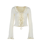 Women's Autumn Women Clothing Casual Wild Frill Lace Up Bell Sleeve Top For Women