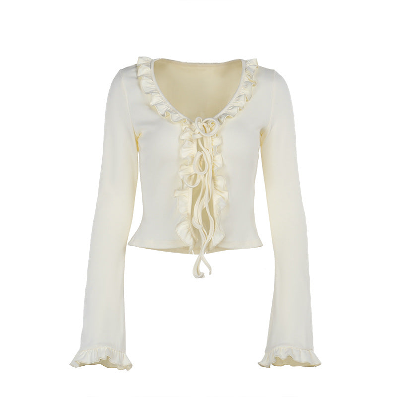 Women's Autumn Women Clothing Casual Wild Frill Lace Up Bell Sleeve Top For Women