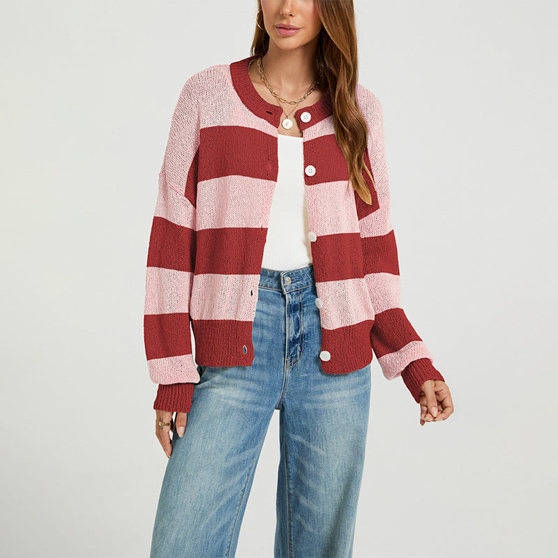 Women Striped round Neck Sweater Cardigan Autumn Winter Top