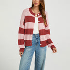 Women Striped round Neck Sweater Cardigan Autumn Winter Top