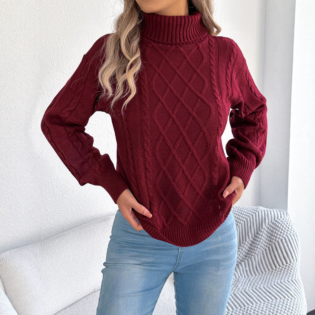 Women's Cable-Knit Turtleneck Sweater With Puff Sleeves
